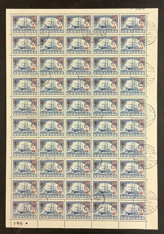 GREENLANDIA #B1, 30+10ore semipostal, hoja completa de 50, usada, en muy buen estado Foto 1 de 1