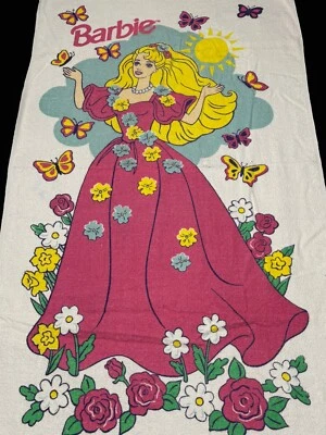 Vtg Barbie Beach Bath Towel 90s Floral Big Dress Butterfly Rare Vintage 30X60 - Image 1 of 4