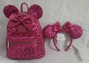 2022 Disney Parks Loungefly Set Sequins Hot Pink Orchid Minnie Mouse Bag & Ears