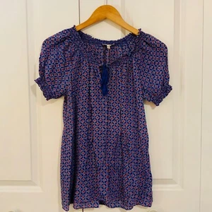 Joie Women's Blue Red Geo Print Silk Tassel Trim Short Sleeve Boho Top Small - Picture 1 of 8