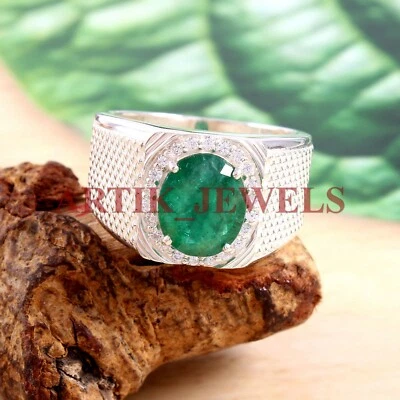 Labor Erstellt Smaragd Edelstein Mit 925 Sterlingsilber Ring für Herren #2763 - Bild 1 von 4