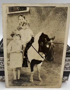 Old Vintage Photo BOY IN COWBOY HAT RIDING HORSE PONY - Picture 1 of 2