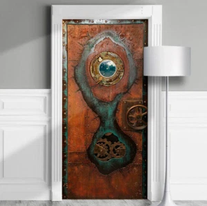 Mural de puerta completa de cuero Steampunk, pegatina laminada, cubierta, calcomanía, pelar y pegar - Imagen 1 de 20