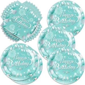 40pcs Teal And Silver Birthday Party Supplies Happy Birthday Party Tableware Set - Picture 1 of 7