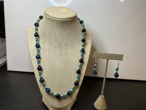 Collar y pendientes hechos a mano azul aguamarina, ojo de tigre y cuentas de plata 925 GG - Imagen 1 de 5