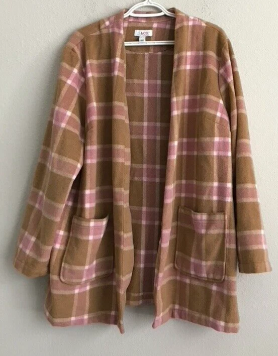 Denim & Co. Chaqueta/bolsillos largos a cuadros sin cuello - sándalo (talla XL) a627204 - Foto 1 de 4