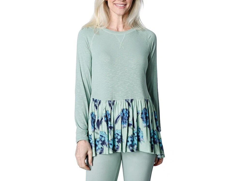 DG2 Diane Gilman Hi Lo 聚拢下摆上衣绿色花卉长袖宽松版型 L 码 — 第 1/4 张图片