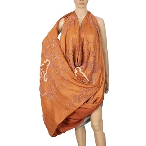 Sanskriti Vintage Long Dupatta/Stole Orange Pure Silk Sequins Hand Beaded Scarf - Picture 1 of 11