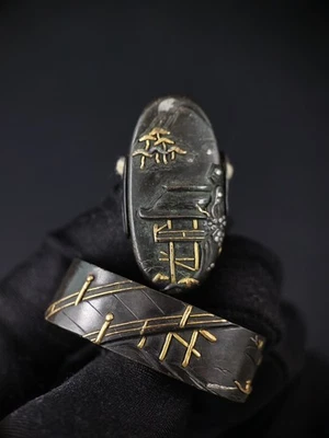 Casa japonesa de lua e água Fuchi & Kashira para período Katana Edo antiga B157 - Imagem 1 de 4