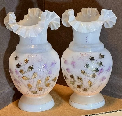Mirror Pair Victorian Hand Blown Hand Painted Ruffled Bristol Art Glass Vases 9” - Image 1 of 4