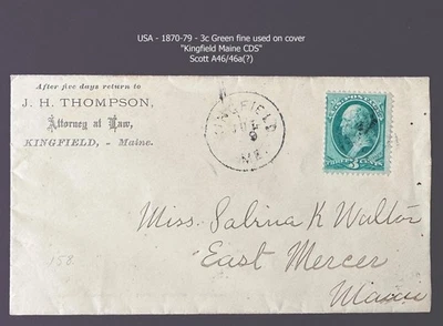 USA - 1870 -79  - 3c green on cover - Scott A46/A46a(?) - Image 1 of 2