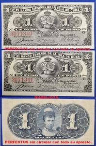 ESPAÑA COLONIAL BANCO ESPAÑOL 2 BILLETES de 1 peso 1896. SIN CIRCULAR PLANCHA. - Picture 1 of 1