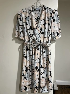 Vestido Secretário Floral Vintage Anos 80 Leslie Fay com Cinto Original Tamanho 14 - Imagem 1 de 4