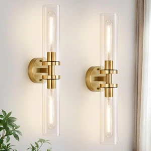 Wall Sconces Set of Two, Hardwired Brushed Gold Bathroom Sconces Wall Lightin... - Picture 1 of 7