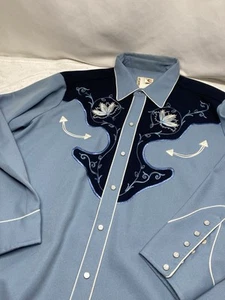 Camisa de vestir vintage H Bar C para hombre Western Pearl azul a presión talla 17 1/2 - Imagen 1 de 8