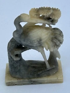 Vintage Hand Carved Soapstone Crane Bird Bonsai Flowers Figurine 3.25 in - Picture 1 of 4