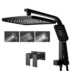 Black 12'' Rectangle Shower Head Handheld Gooseneck Arm Diverter Set Twin Taps - Picture 1 of 14