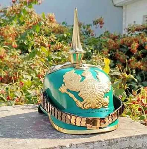 Leather Prussian Pickelhaube Helmet Green Spiked German Replica - Picture 1 of 13