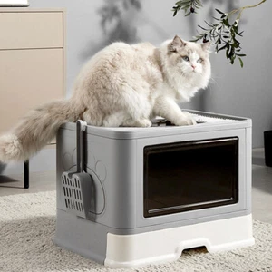 Jumbo Self-Cleaning Cat Litter Box Toilet Odor Removal w Grooming Brush Bag Hole - Picture 1 of 12