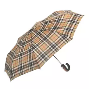 Clifton Folding Tartan Print Wood Trim Hook Handle Camel Thompson Umbrella - Picture 1 of 2