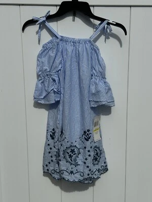 NWT Guess Kids Girls M(10-12) Blue And White Stripe Off Shoulder Dress - Image 1 of 4