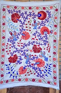 Suzani Table Runner, Uzbek Pomegranate Embroidery, Handmade, Silk Red/ Blue - Picture 1 of 12