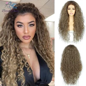 2023 Long inch blonde synthetic 13x3 lace front wig 613 curly HD transparent - Picture 1 of 27