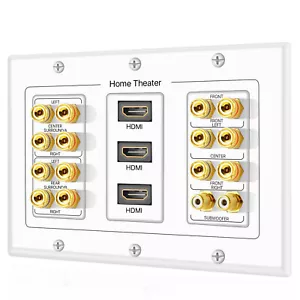 7.1 7.2 Home Theater Speaker Wall Plate + 2 RCA Jacks + 3 HDMI Connectors White - Picture 1 of 6