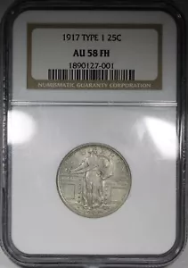 1917 Type 1 Standing Liberty Quarter NGC AU58FH FULL HEAD CIRCULATED - Picture 1 of 2