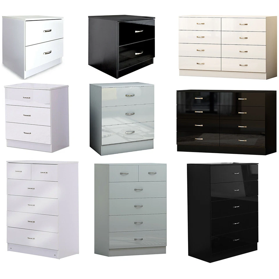 White Black Grey Gloss Chest of Drawers & Bedsides Gloss Bedroom - Fast Delivery - Image 1 of 1
