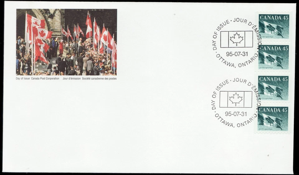 1995 / OFDC - Canadá #1396 - Tira de 4 definitivos de bandera canadiense de hoja de arce Foto 1 de 1