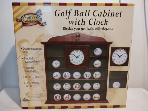 CLUBHOUSE COLLECTION GOLF BALL CABINET QUARTZ CLOCK - 19 BALLS 15"x 13" **New** Cover