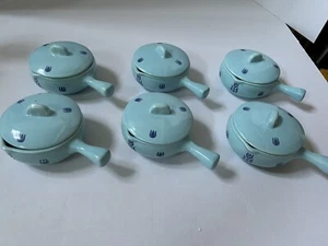 Vintage Cronin Blue Tulip small Pot w Lid/Handle SET OF 6 - Picture 1 of 2