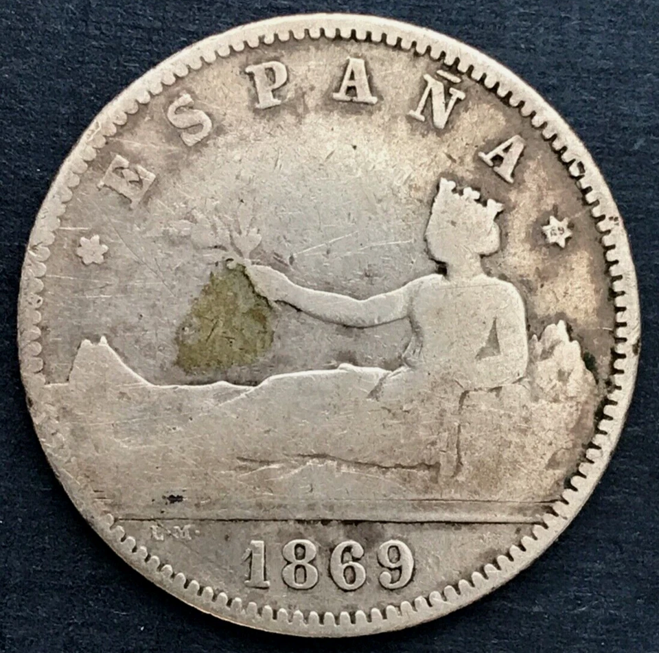 🇪🇸  1869 SN-M  SPAIN UNA PESETA COIN  LOW MINTAGE  RARE NO STARS ON DATE 🇪🇸 - Image 1 of 4