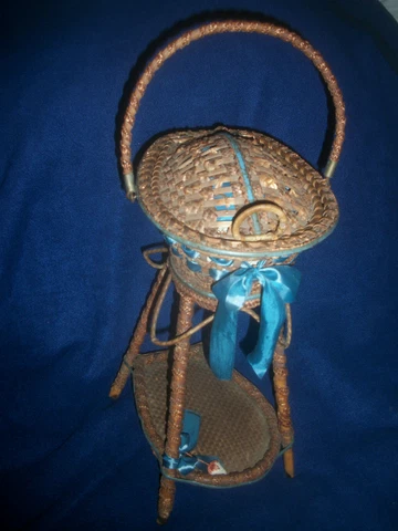 Beautiful Victorian Standing Sewing Basket Orig Mfgrs Label H.S.I.B. Germany Cover