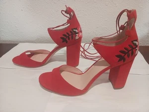 Kate Spade Valentine Red Suede Women’s High Heels Lace Up SZ 9.5 Floral Pattern - Picture 1 of 12