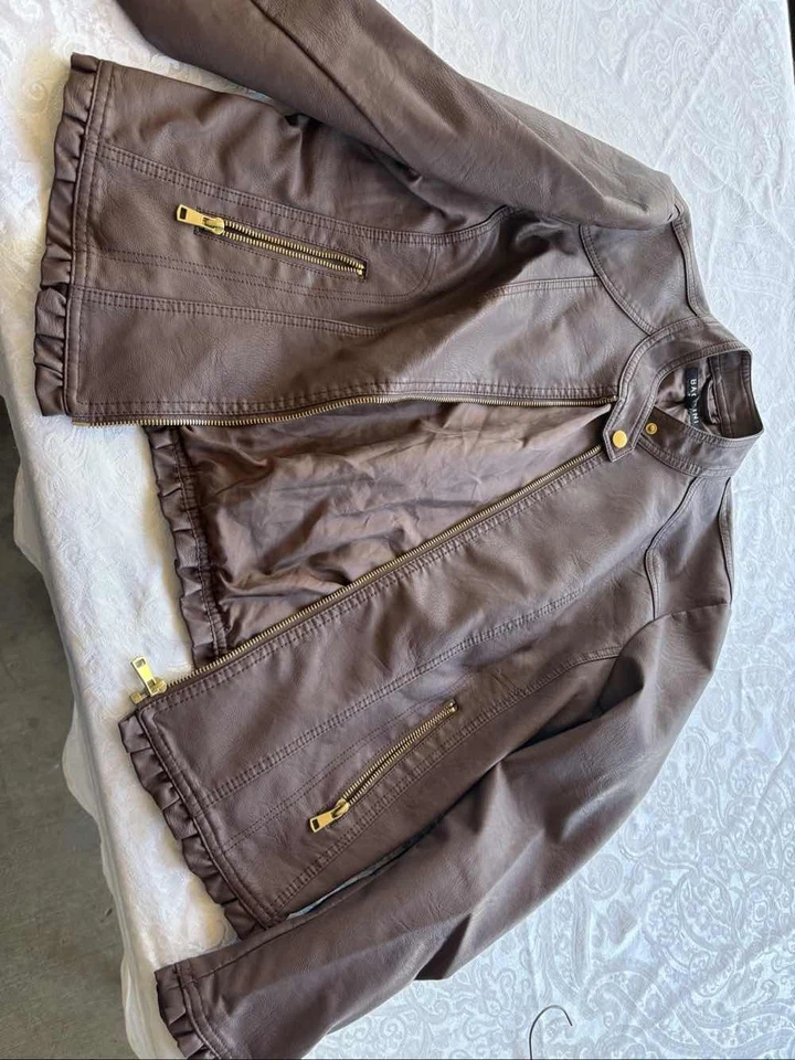 Baccini Womens Brown Faux Leather Moto Jacket Ruffle Hem Full Zip Size M - Image 1 of 1