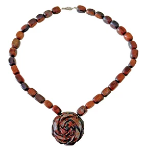 Jaspilite Rose Pendant Necklace Beaded Sandstone Brown Red Marbled 16" Statement - Picture 1 of 12