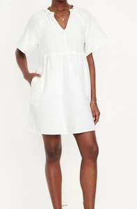 OLD NAVY White Split-Neck Crinkle Gauze Mini Swing DRESS 100%COTTON PETITE S - Picture 1 of 11