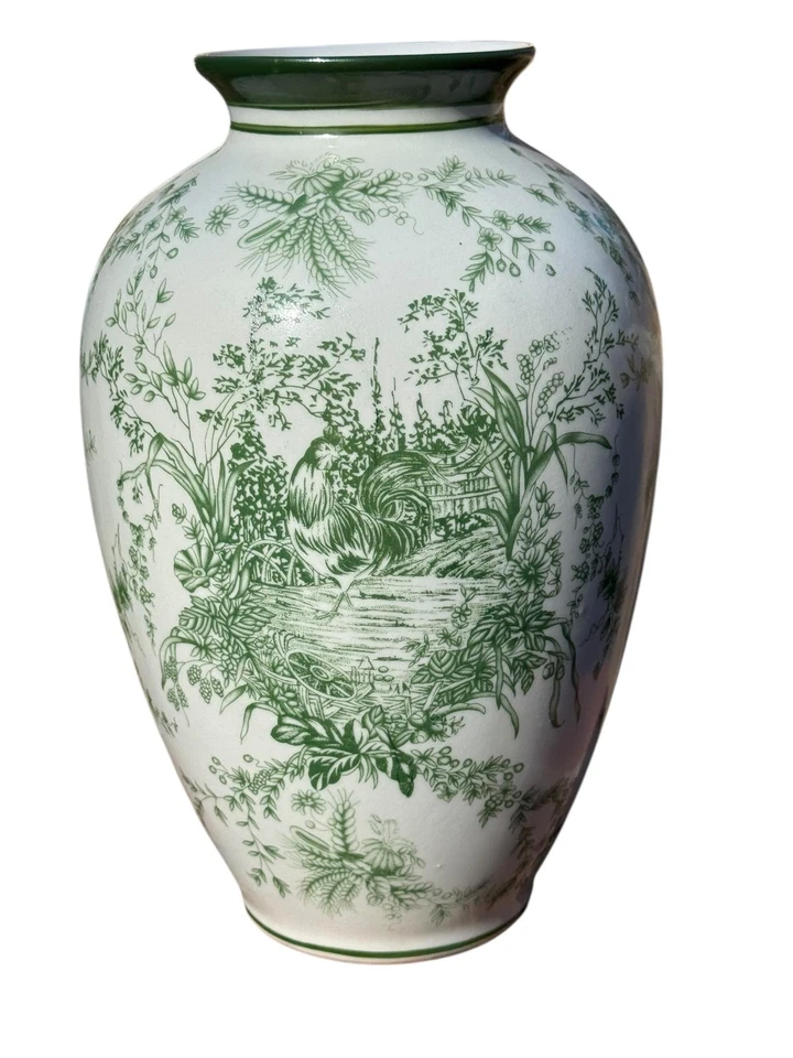 Green and White Toile Rooster French Country Vase Ceramic Transferware - Image 1 of 4