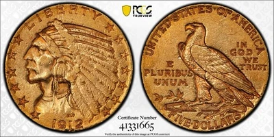 1912 S $5 Five Dollar Indian Head Gold Half Eagle PCGS AU 50 - Image 1 of 4