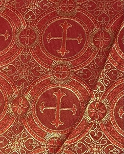 Red Gold Metallic Church Cross Brocade Fabric 60” Width Sold By The Yard - Picture 1 of 4