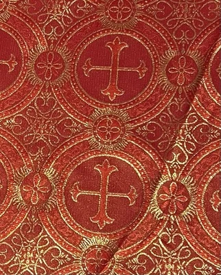 Red Gold Metallic Church Cross Brocade Fabric 60” Width Sold By The Yard - Image 1 of 4