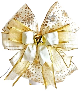 10" CHRISTMAS RIBBON BOW WHITE GOLD SNOWFLAKES JINGLE BELL WREATH LANTERN GIFTS - Picture 1 of 2