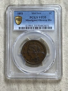 1853 Braided Hair Large Cent Penny 1c PCGS VF35 Mint Error Misaligned Obv Die - Picture 1 of 9
