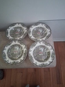 Johnson Brothers The Friendly Village Rimmed Soup Bowl Set Of 4 House Stone Wall - Picture 1 of 3