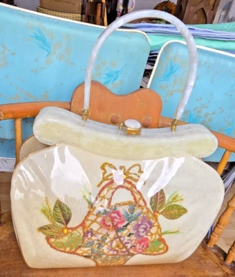 Rialto NY Hand Embroided OG PVC Covered 100% Silk Purse Pearl Bakelite Handle - Image 1 of 4