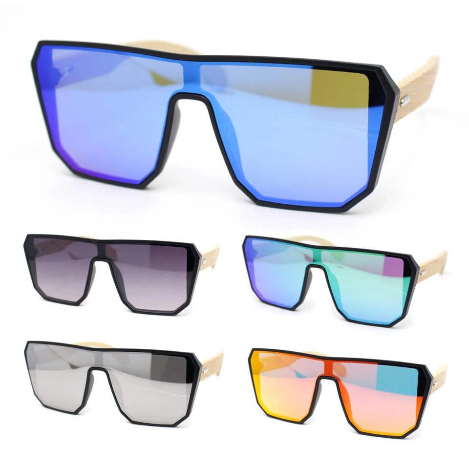 Gafas de sol retro con brazo de madera de bambú lente espejada escudo grande geométrico Foto 1 de 1