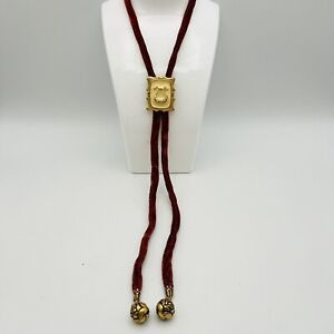 Gold And Enamel Horseshoe Bolo Tie Brown Velvet With Floral Tips