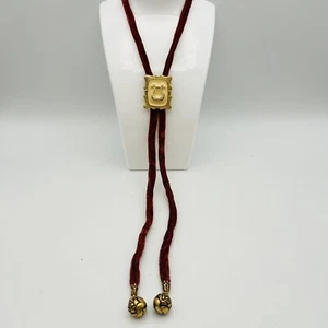 Gold And Enamel Horseshoe Bolo Tie Brown Velvet With Floral Tips - Picture 1 of 3
